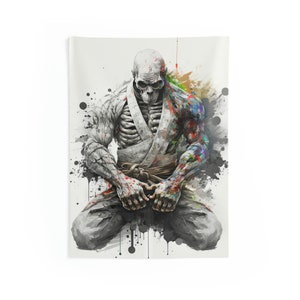 Tapiz de pared Jiu Jitsu Skeleton Fighter - BJJ Art Decor - Regalo brasileño - Artes marciales - Jujitsu Gi - V2