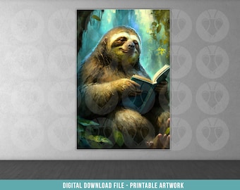 May include: A brown sloth sitting in a lush green jungle setting, reading a blue book with a thoughtful expression.