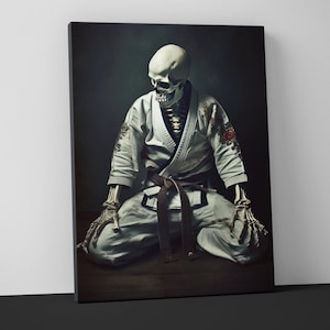 May include: A skeletal figure in a white martial arts uniform with a black belt sits in a meditative pose on a wooden floor. The figure has a skull for a head and is surrounded by a dark green background.