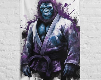 May include: A purple and blue gorilla wearing a white and purple martial arts uniform with a black belt. The gorilla is standing against a white background with purple and black paint splatters.