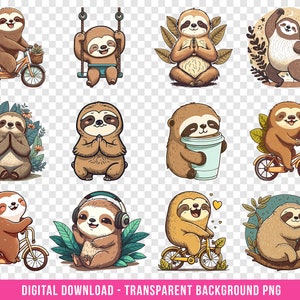 Puede incluir: Un conjunto de diez ilustraciones digitales que presentan perezosos lindos en varias poses y actividades. Los perezosos se representan en un estilo de dibujos animados con pelaje marr&oacute;n y ojos grandes. Se les muestra montando bicicletas, meditando, columpi&aacute;ndose en un columpio, sosteniendo una taza de caf&eacute; y relaj&aacute;ndose en una rama de &aacute;rbol. Las ilustraciones son perfectas para usar en proyectos digitales, como publicaciones en redes sociales, sitios web y materiales impresos.