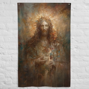 Jesus Christ Flag Art - Modern Christian Tapestry - Catholic Decor - Church Banners - V78