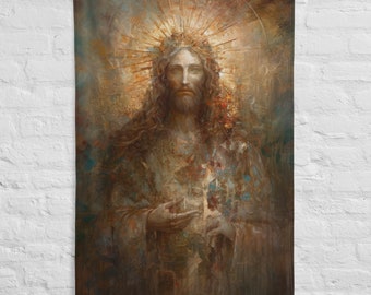 Jesus Christ Flag Art - Modern Christian Tapestry - Catholic Decor - Church Banners - V78