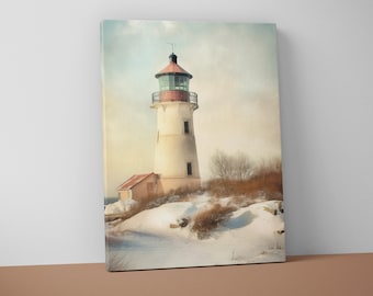 May include: A canvas print of a lighthouse on a snowy landscape. The lighthouse is white with a red roof and a black top. The scene is set against a cloudy sky, evoking a sense of tranquility.