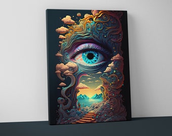 Könnte beinhalten: Ein surrealer digitaler Kunstdruck mit einem großen, blauen Auge, das von wirbelnden, farbenfrohen Mustern umgeben ist. Das Auge blickt auf eine Landschaft mit Bergen und Wasser, was auf ein Portal oder ein Fenster zu einer anderen Welt hindeutet.