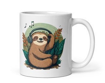 Cute Music Sloth Mug - Headphone Tunes Illustration - Music Lovers - Adorable for Coffee Tea - V6