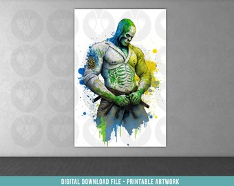 May include: A digital illustration of a green and yellow skeletal figure wearing a white karate uniform and a black belt. The figure is standing with their hands clasped in front of them. The background is a white canvas with blue and yellow paint splatters.
