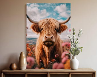 Impressão artística de vaca das Terras Altas, decoração de parede rústica para casa de campo (download digital)