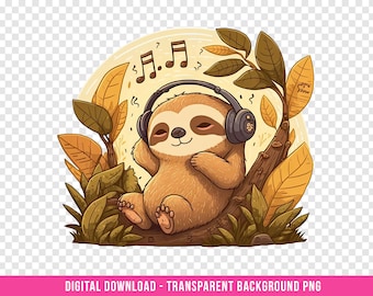 Cute Sloth PNG – Listening to Music, Transparent Clipart (Digital Download)