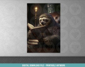 May include: A brown and gray sloth wearing a brown fur coat sits in a chair and reads a book by candlelight. The sloth is holding the book with its paws and has a thoughtful expression on its face.