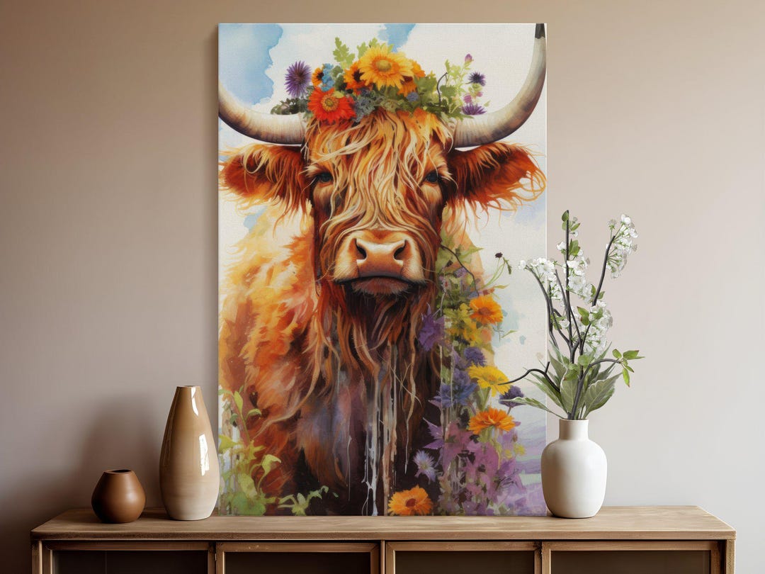 Highland Cow Art Print, Floral Highland Cow Wall Art, Highland Cow ...