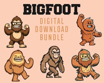 May include: A digital download bundle of five illustrations featuring Bigfoot in different poses. The illustrations are in a cartoon style and feature Bigfoot with brown fur, a big smile, and a variety of expressions.