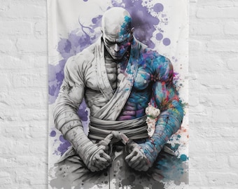 May include: A digital art print of a muscular, bald man with a white and blue paint splatter design. The man is wearing a white and purple robe with a black belt. The background is a white canvas with purple and blue paint splatters.