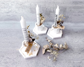 GESCHENKIDEE! Set Kerzenhalter, Kerze "Glückslicht" & Tablett, weiß, aus Raysin handgegossen, liebevoll dekoriert Trockenblumen und Anhänger