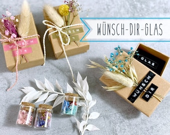 WÜNSCH DIR WAS! Geschenkschachtel mit Glas-Phiole Blumen-Mix | drei Farben | Deckelschachtel Kraftkarton zum individuellem Wünsche-Schreiben