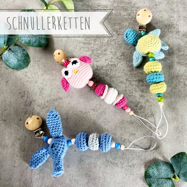 Liebevoll gehäkelte Schnullerketten "Eule", "Schildkröte" & "Erdferkel", mit Holzclip und verschiedenen Verzierungen