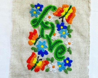 Love Crewel Embroidery Art with Butterflies Flowers, WonderArt Stitchery, Vintage Crewel Kit Completed, Flower Power Hippie Wall Decor
