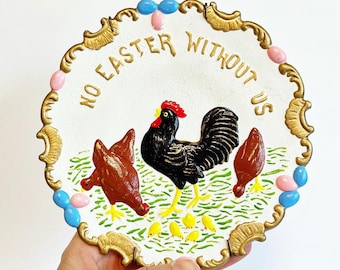 Kitschy Cute Vintage Decorative Easter Plate, Hand Painted Ceramics, Chickens Eggs Retro Easter Decor