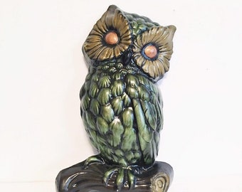 Fall Owl Wall Decor Vintage Ceramic Owl Retro Wall Hanging MCM Boho Metallic Hand Painted Bird Autumn Fall Wall Decor Green Gold