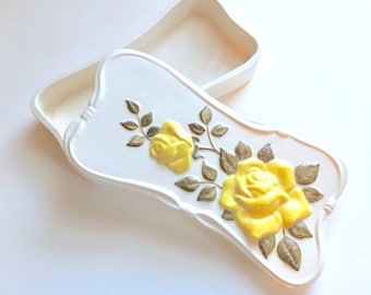 Vintage Jewelry Box, Jamar Mallory Ceramic Studio 1958 Trinket Box, Yellow Roses, Valentine Gifts For Her