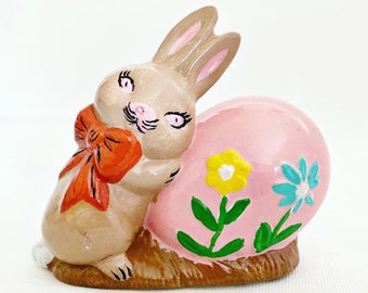 Vintage Ceramic Bunny With Egg, Hand Painted Ceramic Rabbit, Kitschy Cute Easter Decor Easter Rabbit Easter Gifts