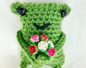 Crochet Frog Plushie Leggy Frog Flower Frog Amigurumi Prince in Disguise Valentine’s Day Gift