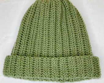 Crochet Beanie Hat Unisex Cozy Chunky Ribbed Hat Warm Winter Basic Avocado Olive Green