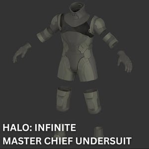 May include: A grey Master Chief undersuit from Halo: Infinite, with a form-fitting design and segmented armour plating. Includes gloves, arm and leg guards, and a high-collared neck piece. The text "HALO: INFINITE MASTER CHIEF UNDERSUIT" is displayed at the bottom.
