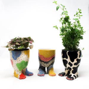 May include: Three colorful ceramic planters shaped like legs with plants growing inside. The planters are decorated with different patterns, including polka dots, stripes, and abstract designs. The plants are a leafy green plant, a small green plant, and a green herb.
