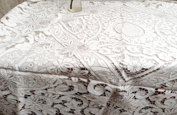 SET :Madeira Nadelspitze,,Antik Tischdecke/Servietten Handarbeit beige  ,Spitze bestickt,rund