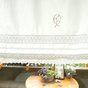 Antique curtains, bed throw cotton lace, monogram, Richelieu, curtain, white