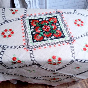 Hungary folklore, handcrafted, tablecloth, centerpiece, colorfully embroidered, linen
