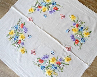 Spring flowers embroidered satin stitch, tablecloth, centerpiece, beige