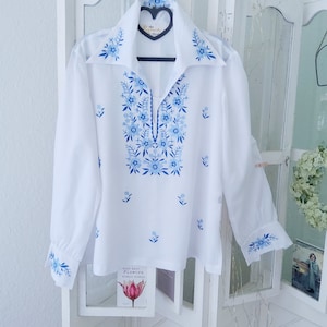 Kalocsa、ハンドクラフト、刺繍ブルー、農民ブラウス、ホワイト