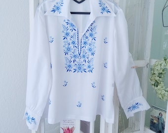 Kalocsa, handcrafted, embroidery blue, peasant BLOUSE, white