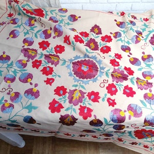 Antique: Uzbekistan, silk, 1940s, embroidery, handcrafted tablecloth, colorfully embroidered