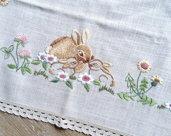 Embroidery: Rabbit family, linen, tablecloth/ centerpiece, beige, hand embroidered