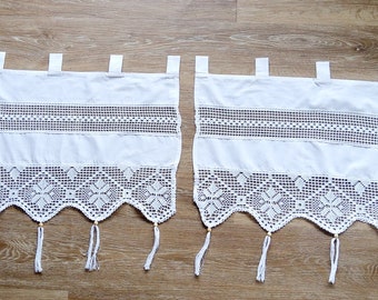 Cortina de bistró, cortina, borde de encaje de ganchillo, borlas blancas, cortina de cafetería