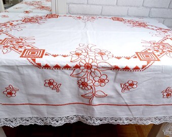 Mantel antiguo de lino, bordado, precioso mantel antiguo de encaje de bolillos hecho a mano
