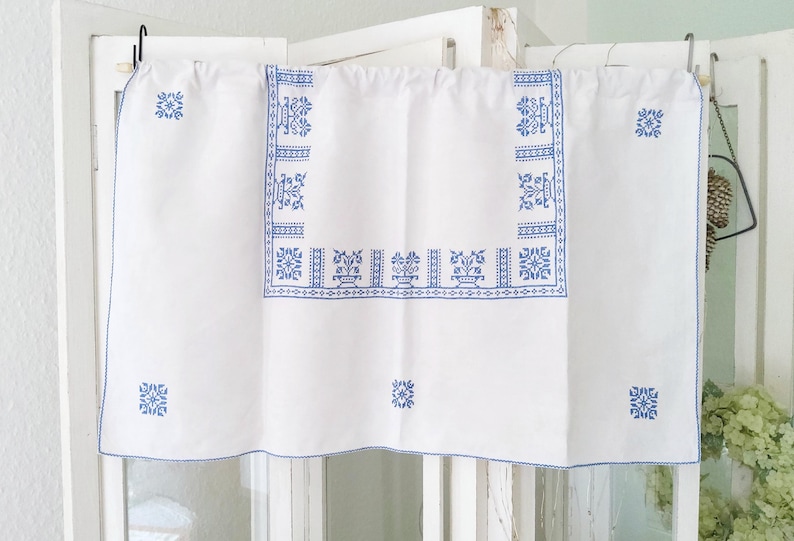 Cortina de bistro, centro de mesa, punto de cruz hecho a mano, azul, blanco, bordado, mantel, blanco imagen 1