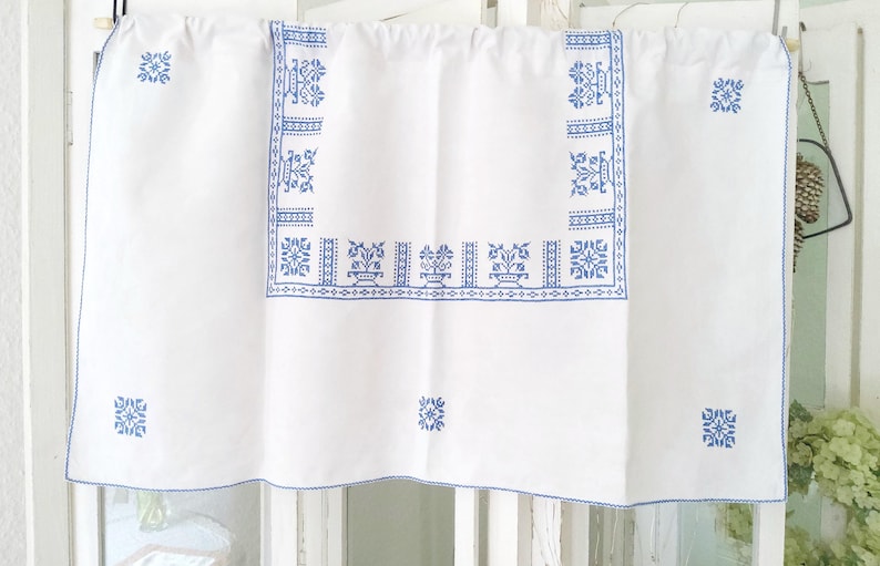 Cortina de bistro, centro de mesa, punto de cruz hecho a mano, azul, blanco, bordado, mantel, blanco imagen 2
