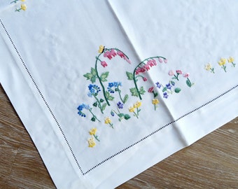Handcrafted, colorful flowers, spring, embroidered, border, tablecloth, centerpiece, cream-white