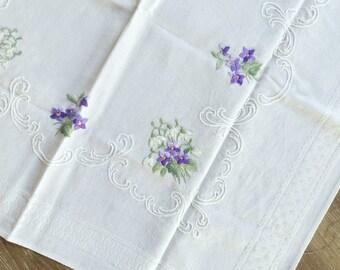 Violets, snowdrops, tablecloth, embroidered middle blanket, purple, white, border