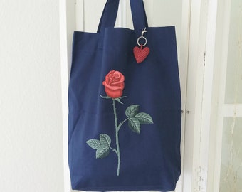 Hand embroidered: rose, bag/ pouch, handbag, heart pendant, dark blue