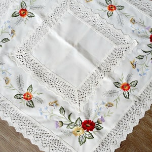 Vintage handcrafted tablecloth/centerpiece, poppies, cornflowers, embroidery, beige