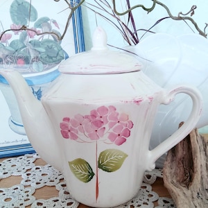Vintage italiensk handgjord kaffekanna, rosa blommig mittdekoration, handgjord, vildblommor, färgglad, broderad