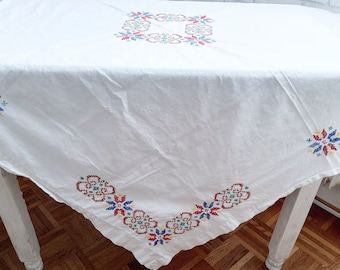 Vintage tablecloth old handwork, embroidery white blanket