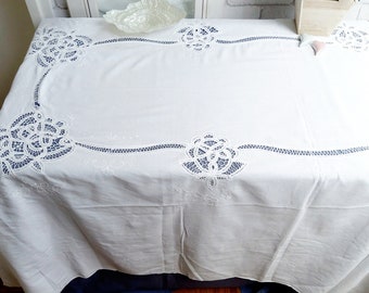 LINEN ribbon lace, Brussels lace, white vintage tablecloth tablecloth embroidered with lace handmade9