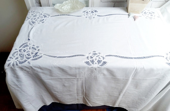 LEINEN  Bändchenspitze,Brüsseler Spitze, weiß vintage Tischtuch Tischdecke mit Spitzen bestickt Handarbeit9