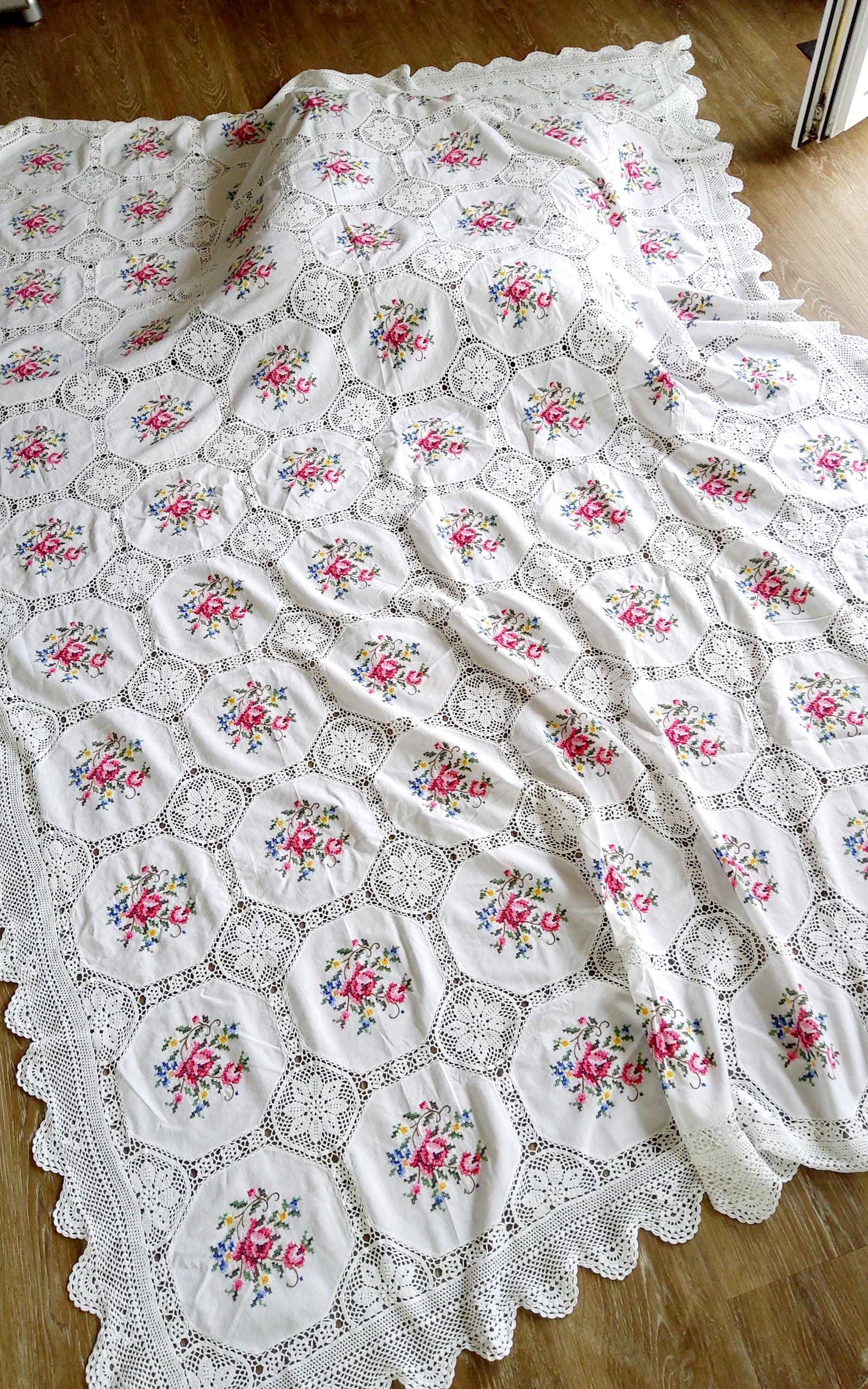 ANTIQUE: Linen, cross-stitch tablecloth large embroidered, red roses, crochet lace, patchwork, cream-white, large